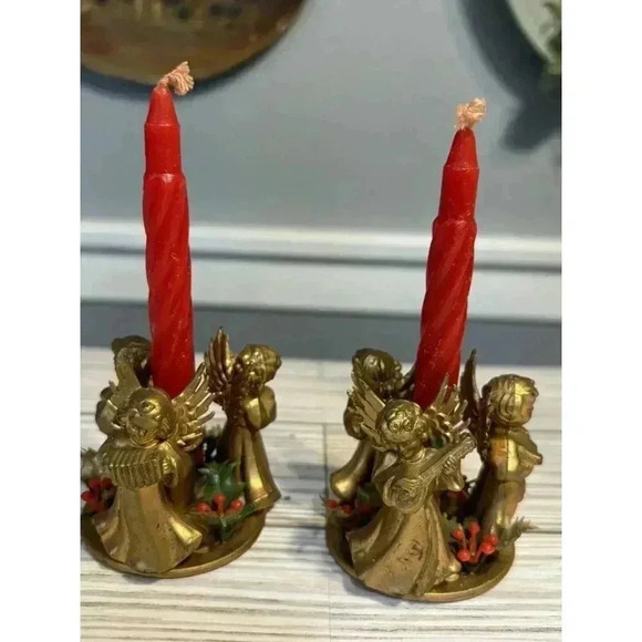 Vintage Pair of Christmas Plastic Gold Angel Trio Candle Holders Hong Kong - Picture 1 of 11